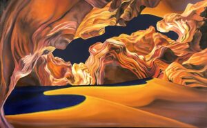 Red and orange painting of dunes and rock formations, with dark blue shadows