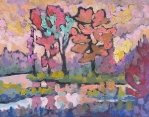 Oil painting of autumn trees in bold pinks, reds and oranges reflected in still water below, with a glowing golden sky and loose expressive brushwork throughout.
