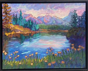 Oil painting of a mountain lake at dusk with wildflowers in the foreground, evergreen trees, and a pink and lavender sky reflected in calm water.