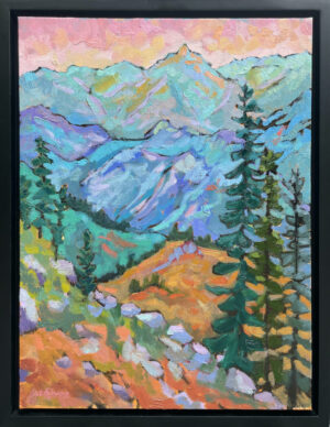 Original oil painting of the North Cascades mountain range in bold Fauvist blues, teals, and warm oranges, with dark pine sentinels in the foreground dwarfed by layered ridgelines dissolving into a pink sky. Part of Natalia Adamson's contemporary colorist landscape series.