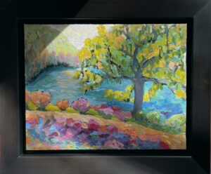 Original oil painting of a willow tree in motion at Duke Gardens, with expressive impasto brushwork in vivid greens, golds, purples, and turquoise blue water beyond a path of blooming flowers.