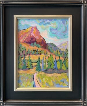 Original oil painting of a rugged rose and magenta mountain peak in the British Columbia coast with a golden alpine meadow and evergreen forest below, swirling clouds in the sky. Contemporary Fauvist colorist landscape art by Natalia Adamson.