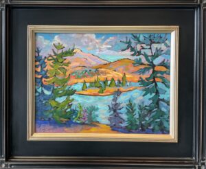 Original oil painting of a turquoise glacial lake surrounded by pine trees, inspired by British Columbia's coastal mountains near Tuaton Lake. Vibrant Fauvist colorist landscape art by Natalia Adamson.